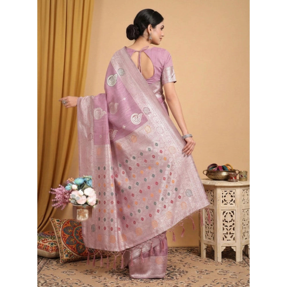 Women's Purple Linen Cotton Printed Saree With Unstitched Blouse – 5.5 Mtr
