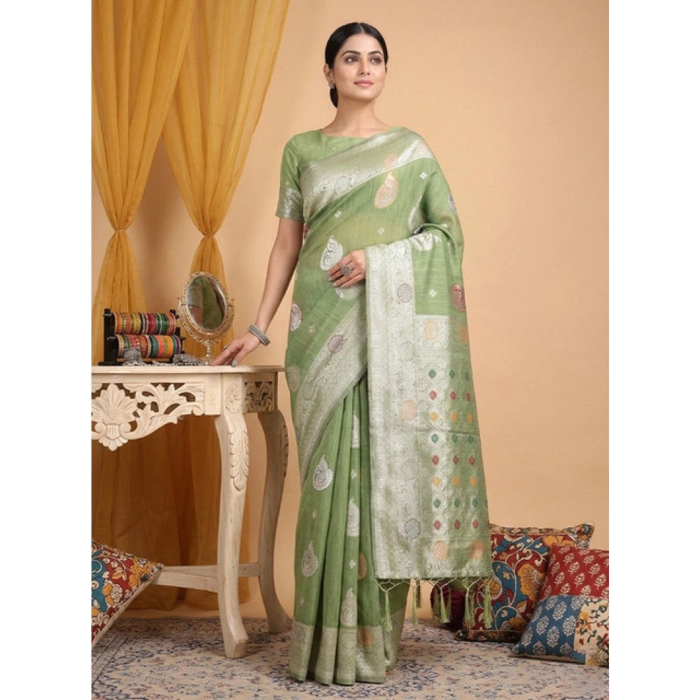 Women's Light Green Linen Cotton Printed Saree With Unstitched Blouse – 5.5 Mtr