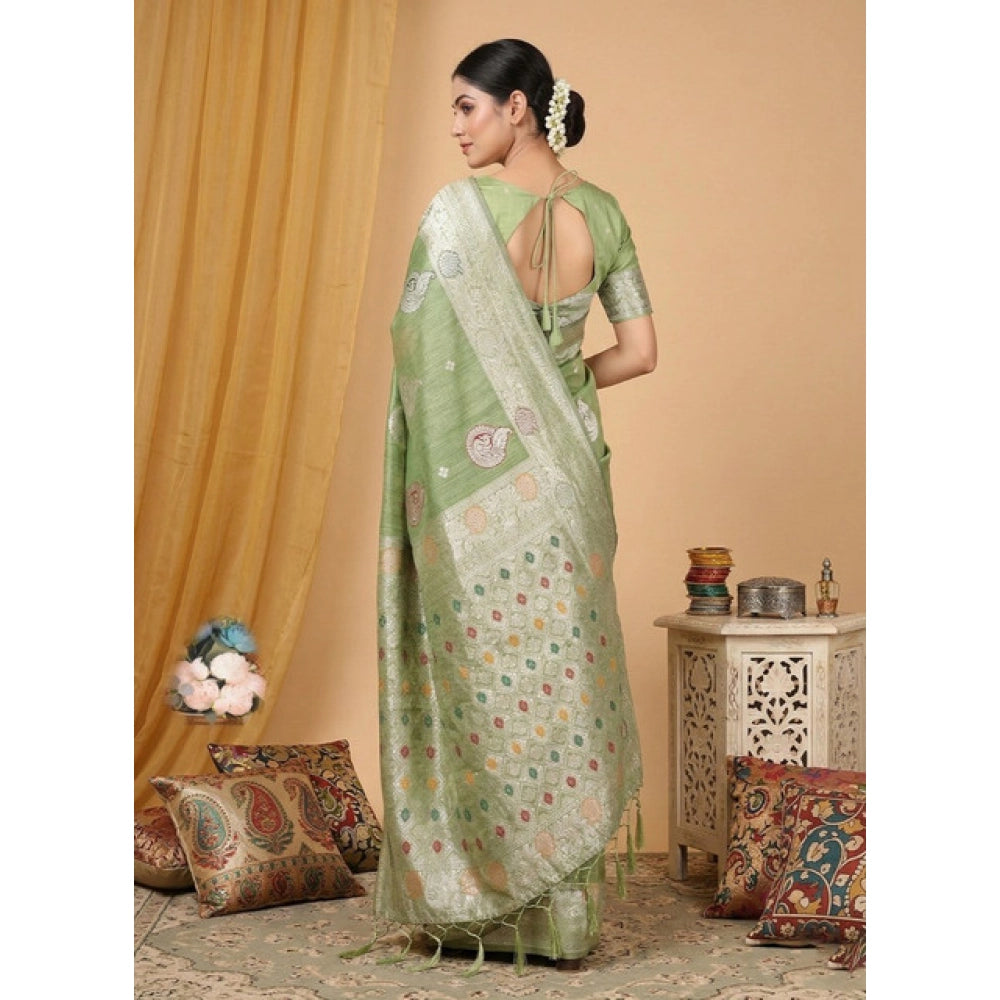 Women's Light Green Linen Cotton Printed Saree With Unstitched Blouse – 5.5 Mtr