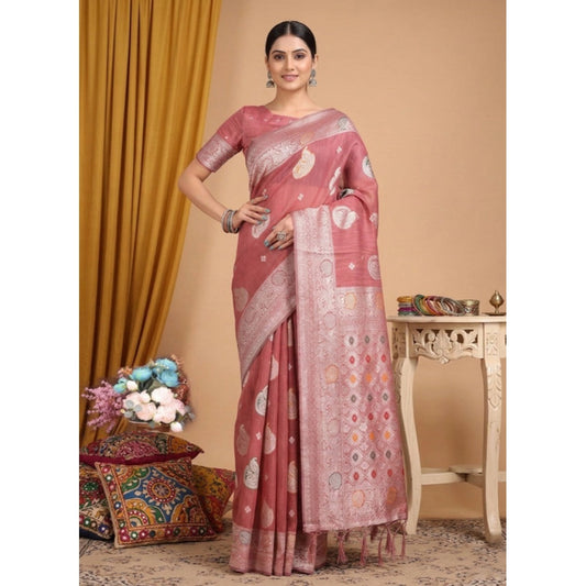 Women's Pink Linen Cotton Printed Saree With Unstitched Blouse – 5.5 Mtr