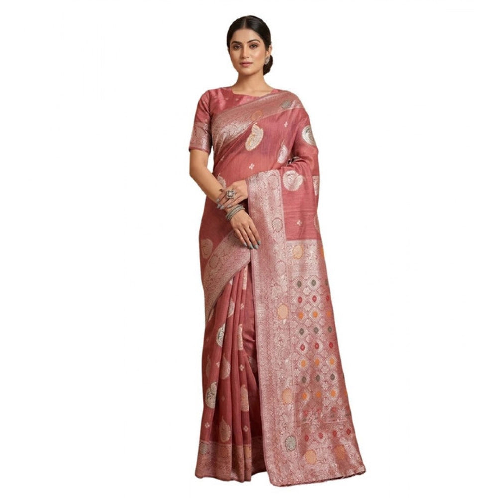 Women's Pink Linen Cotton Printed Saree With Unstitched Blouse – 5.5 Mtr