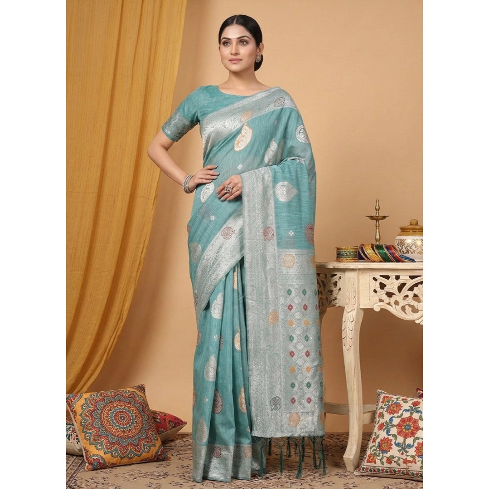 Women's Sea Green Linen Cotton Printed Saree With Unstitched Blouse – 5.5 Mtr