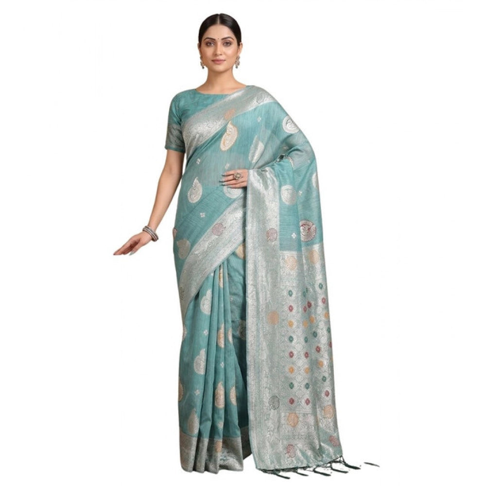 Women's Sea Green Linen Cotton Printed Saree With Unstitched Blouse – 5.5 Mtr