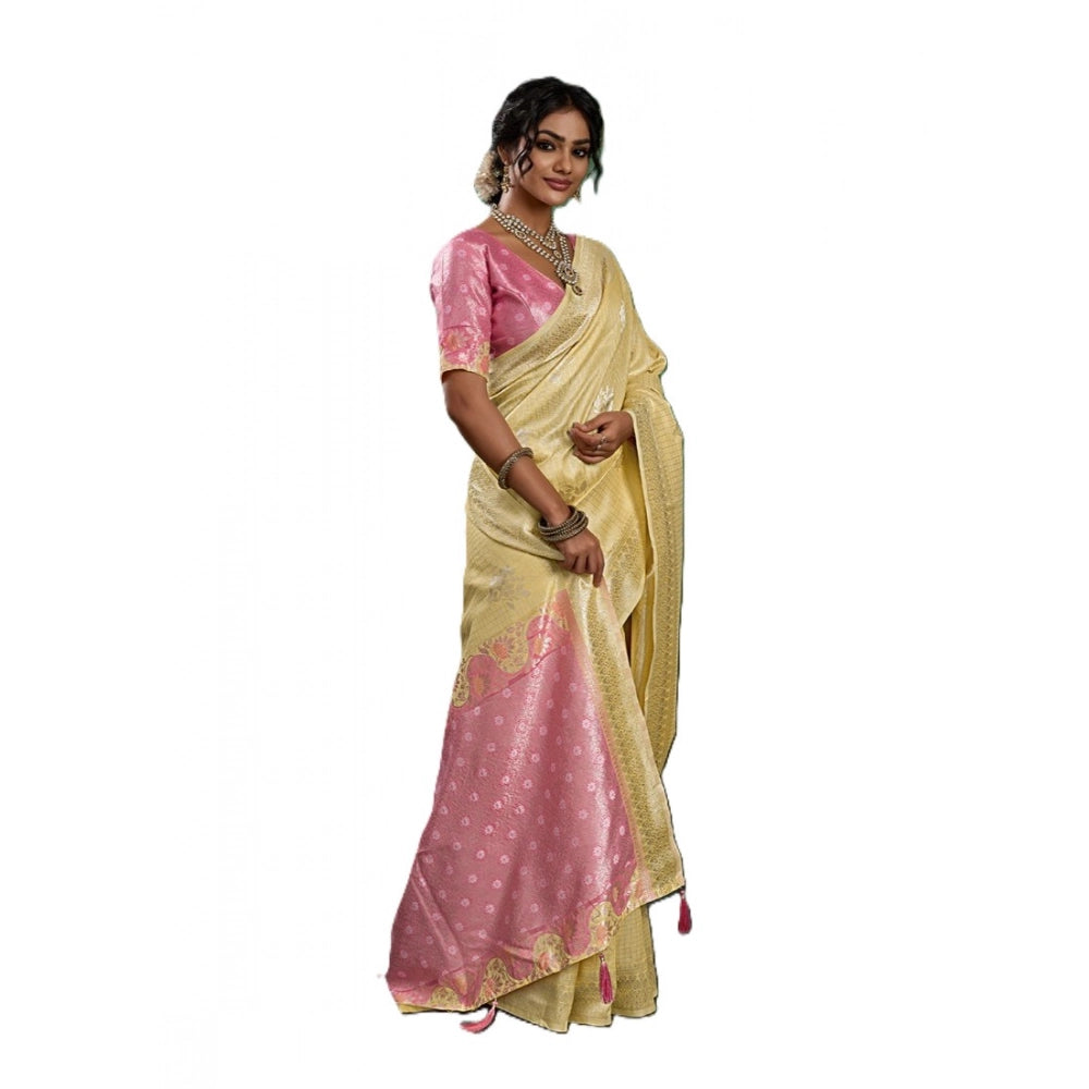 Women's Yellow Linen Cotton Printed Saree With Unstitched Blouse – 5.5 Mtr
