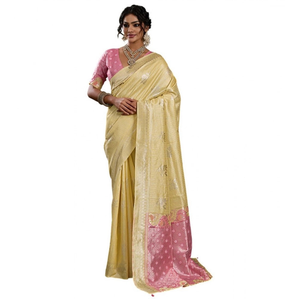 Women's Yellow Linen Cotton Printed Saree With Unstitched Blouse – 5.5 Mtr