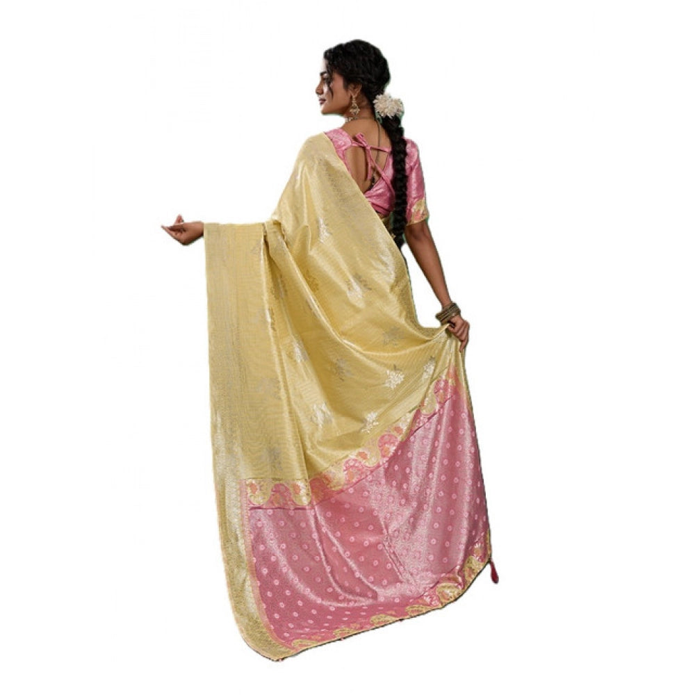Women's Yellow Linen Cotton Printed Saree With Unstitched Blouse – 5.5 Mtr