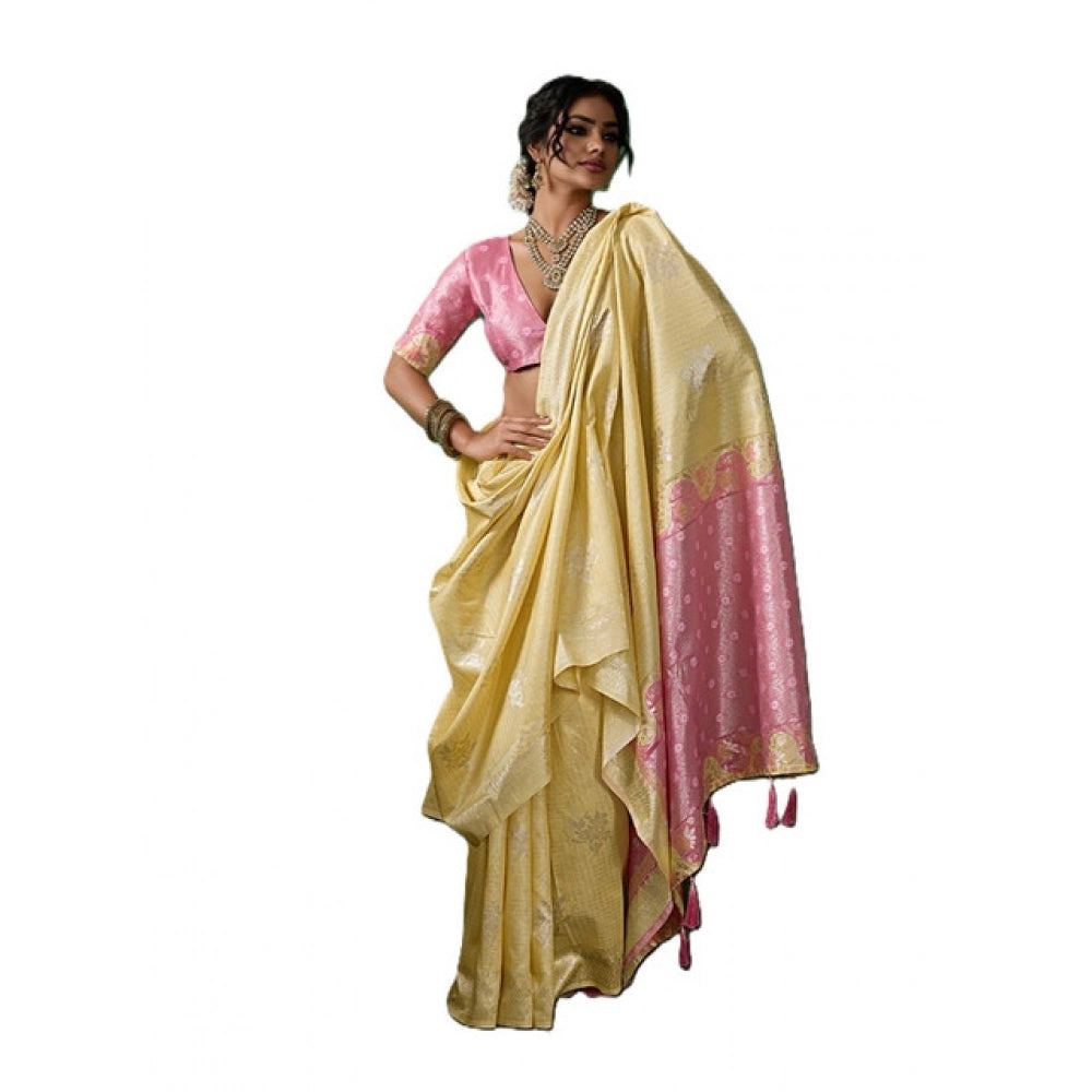 Women's Yellow Linen Cotton Printed Saree With Unstitched Blouse – 5.5 Mtr