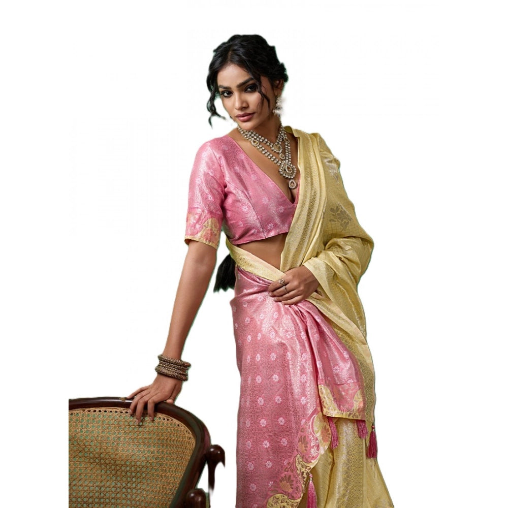 Women's Yellow Linen Cotton Printed Saree With Unstitched Blouse – 5.5 Mtr