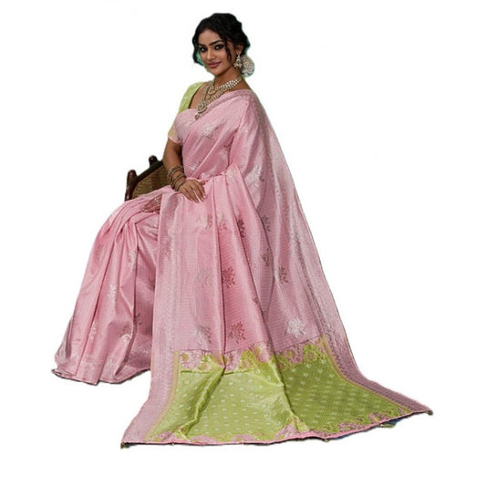 Women's Pink Linen Cotton Printed Saree With Unstitched Blouse – 5.5 Mtr