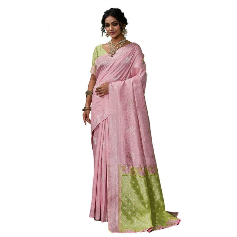 Women's Pink Linen Cotton Printed Saree With Unstitched Blouse – 5.5 Mtr