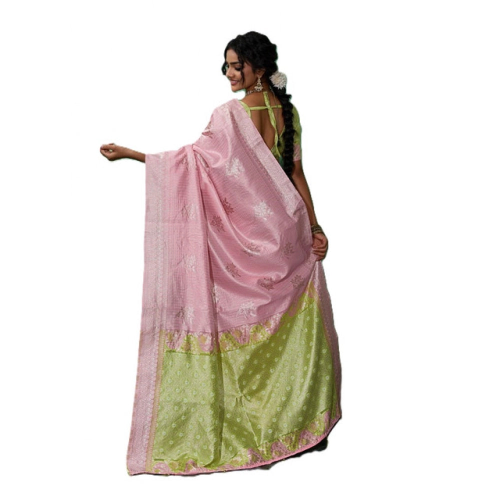 Women's Pink Linen Cotton Printed Saree With Unstitched Blouse – 5.5 Mtr