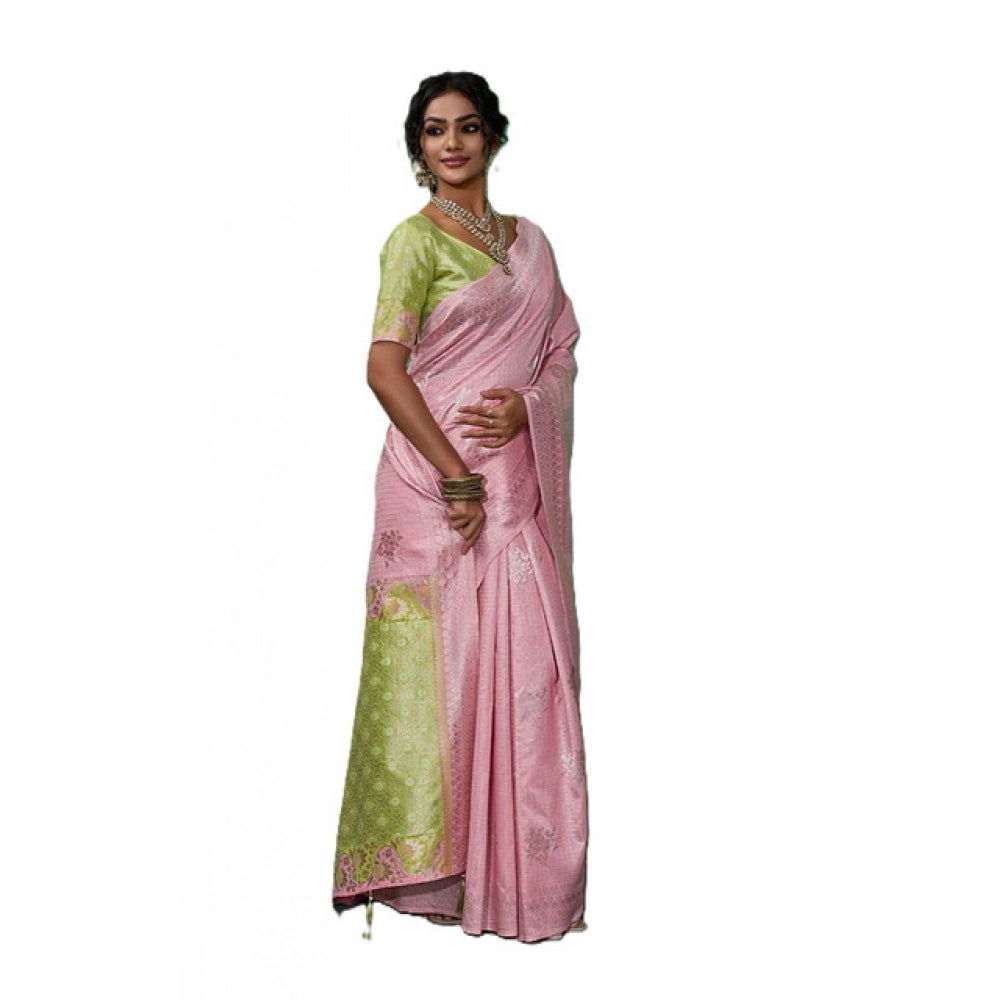 Women's Pink Linen Cotton Printed Saree With Unstitched Blouse – 5.5 Mtr