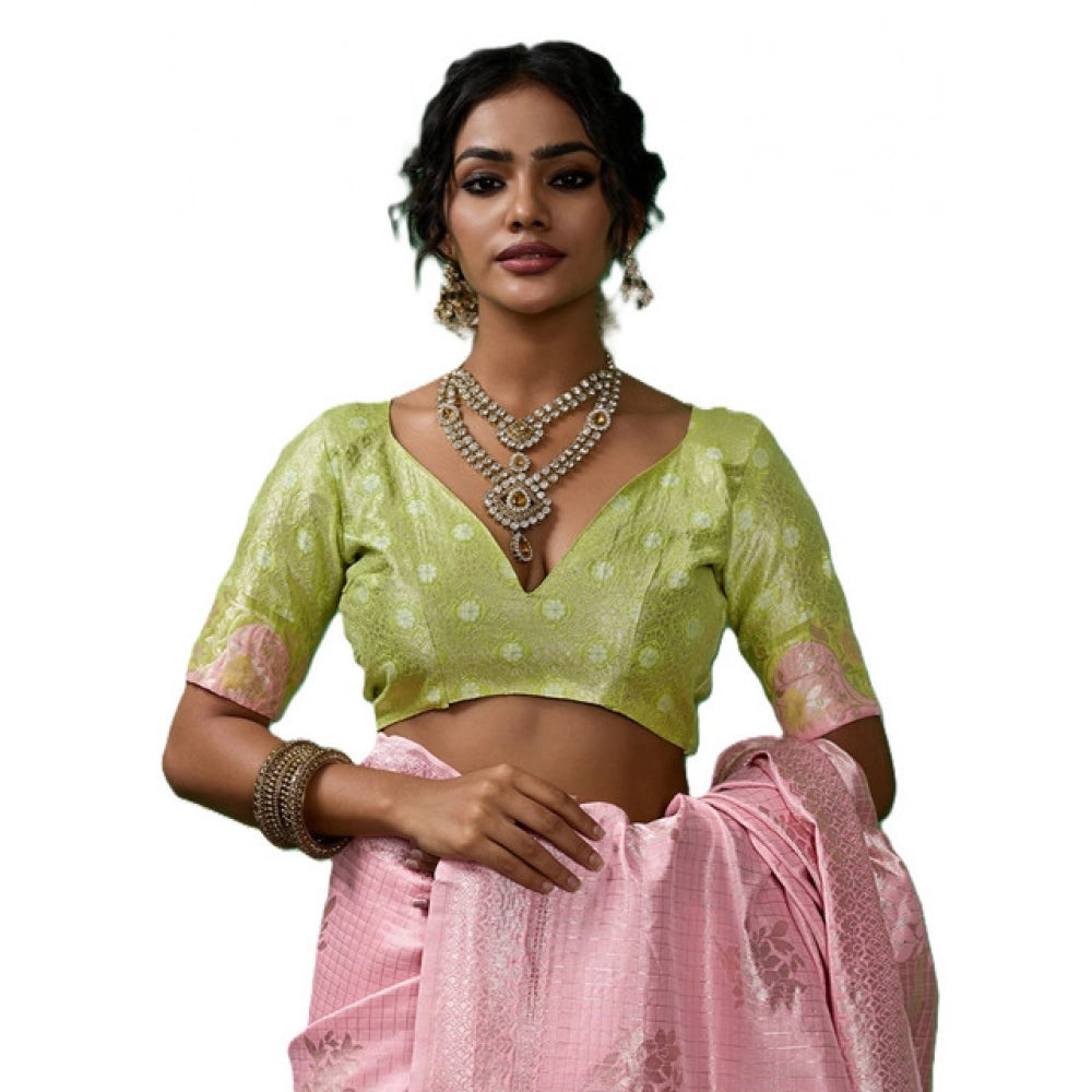 Women's Pink Linen Cotton Printed Saree With Unstitched Blouse – 5.5 Mtr
