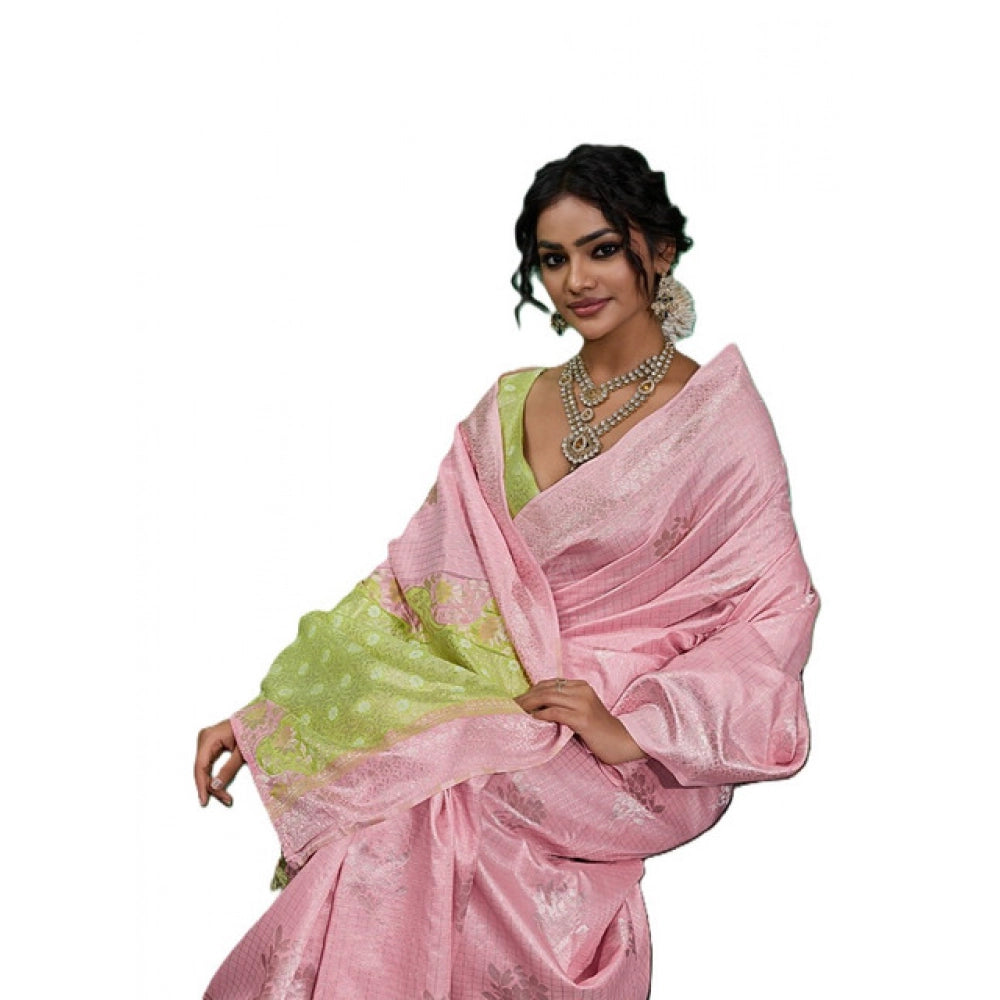 Women's Pink Linen Cotton Printed Saree With Unstitched Blouse – 5.5 Mtr