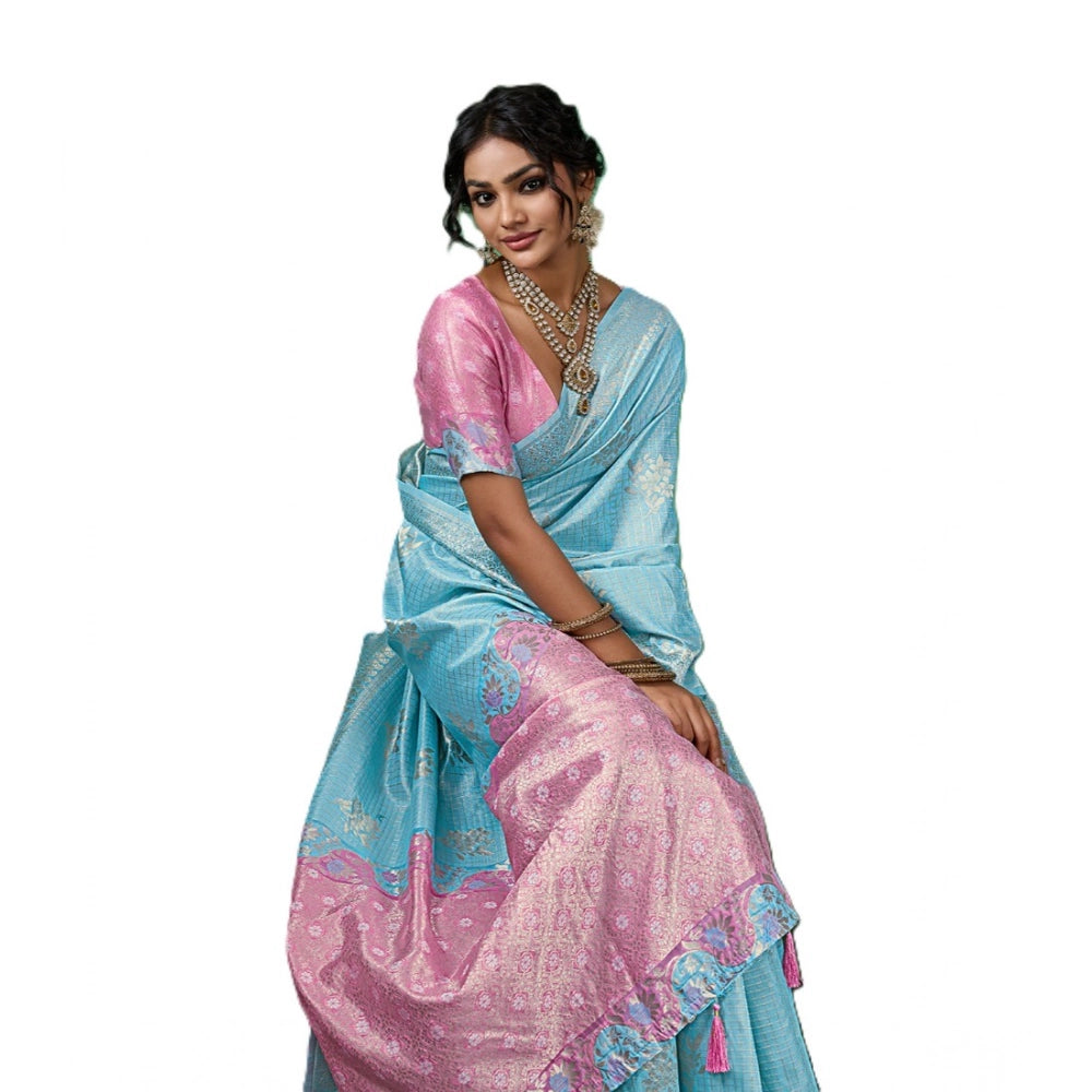 Women's Sky Blue Linen Cotton Printed Saree With Unstitched Blouse – 5.5 Mtr
