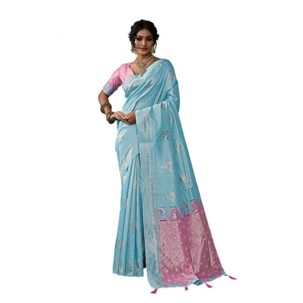 Women's Sky Blue Linen Cotton Printed Saree With Unstitched Blouse – 5.5 Mtr