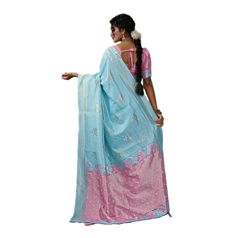 Women's Sky Blue Linen Cotton Printed Saree With Unstitched Blouse – 5.5 Mtr