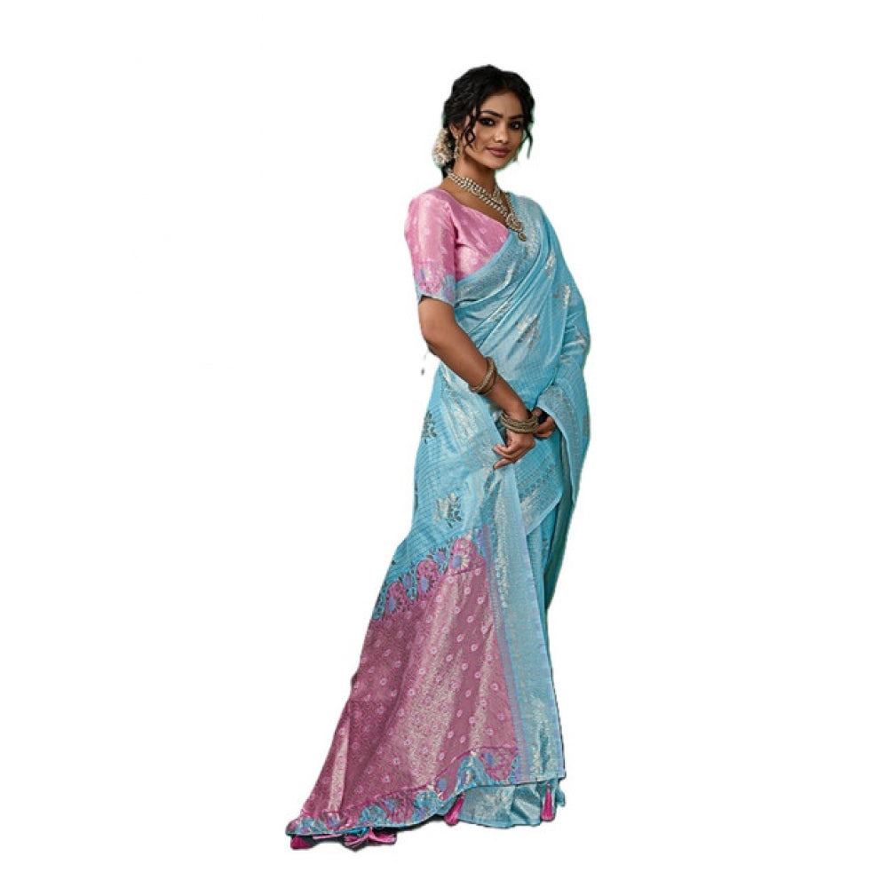 Women's Sky Blue Linen Cotton Printed Saree With Unstitched Blouse – 5.5 Mtr