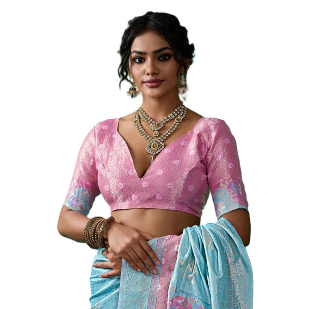 Women's Sky Blue Linen Cotton Printed Saree With Unstitched Blouse – 5.5 Mtr