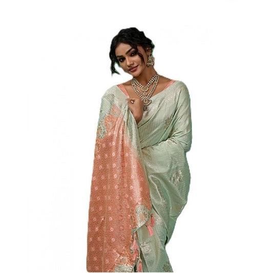 Women's Pista Green Linen Cotton Printed Saree With Unstitched Blouse – 5.5 Mtr