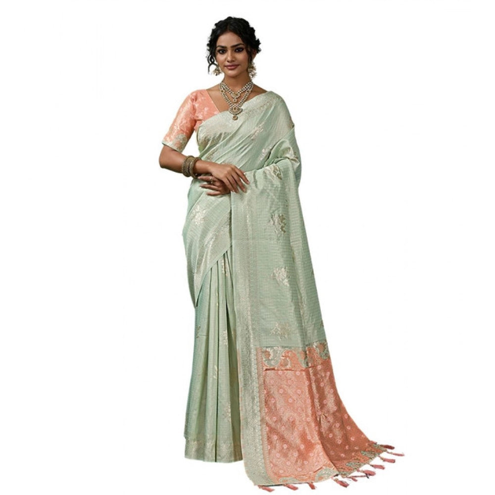 Women's Pista Green Linen Cotton Printed Saree With Unstitched Blouse – 5.5 Mtr