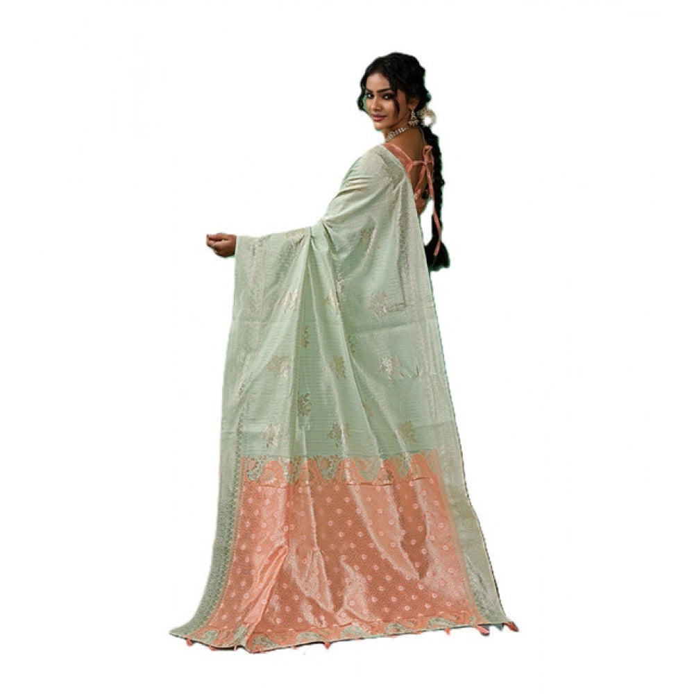 Women's Pista Green Linen Cotton Printed Saree With Unstitched Blouse – 5.5 Mtr