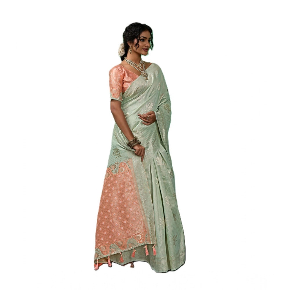 Women's Pista Green Linen Cotton Printed Saree With Unstitched Blouse – 5.5 Mtr