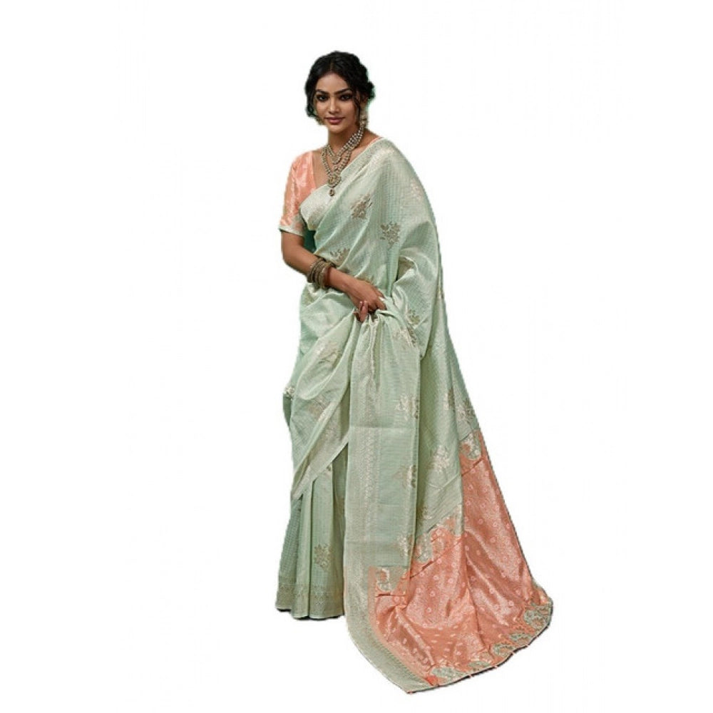 Women's Pista Green Linen Cotton Printed Saree With Unstitched Blouse – 5.5 Mtr