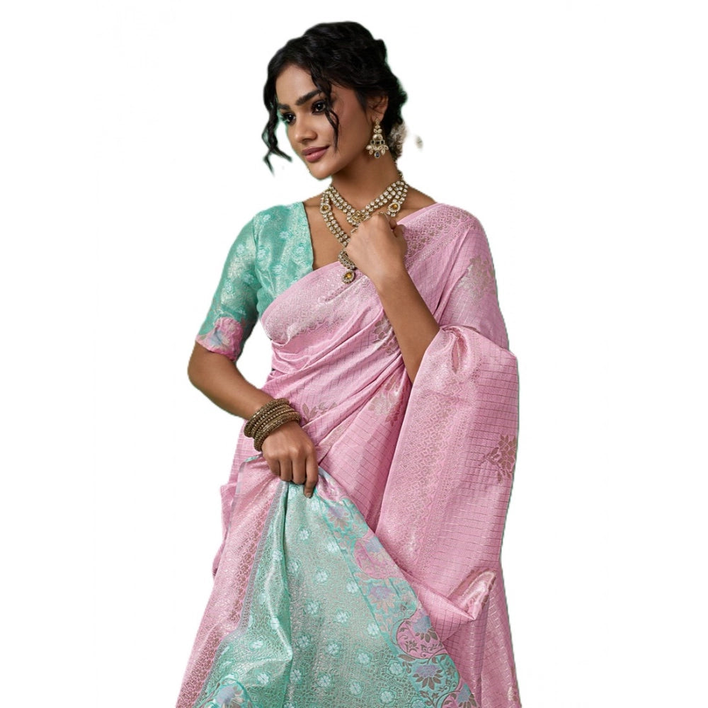 Women's Pastel Pink Linen Cotton Printed Saree With Unstitched Blouse – 5.5 Mtr