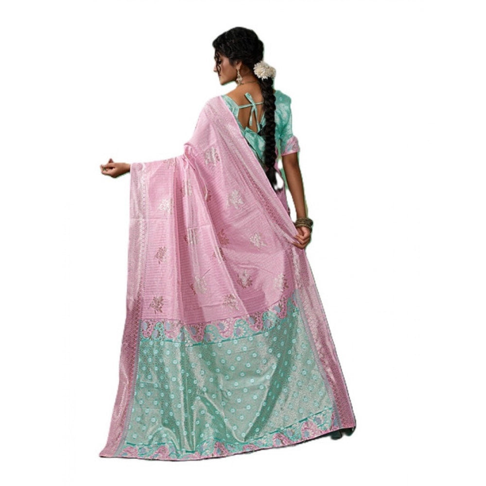 Women's Pastel Pink Linen Cotton Printed Saree With Unstitched Blouse – 5.5 Mtr