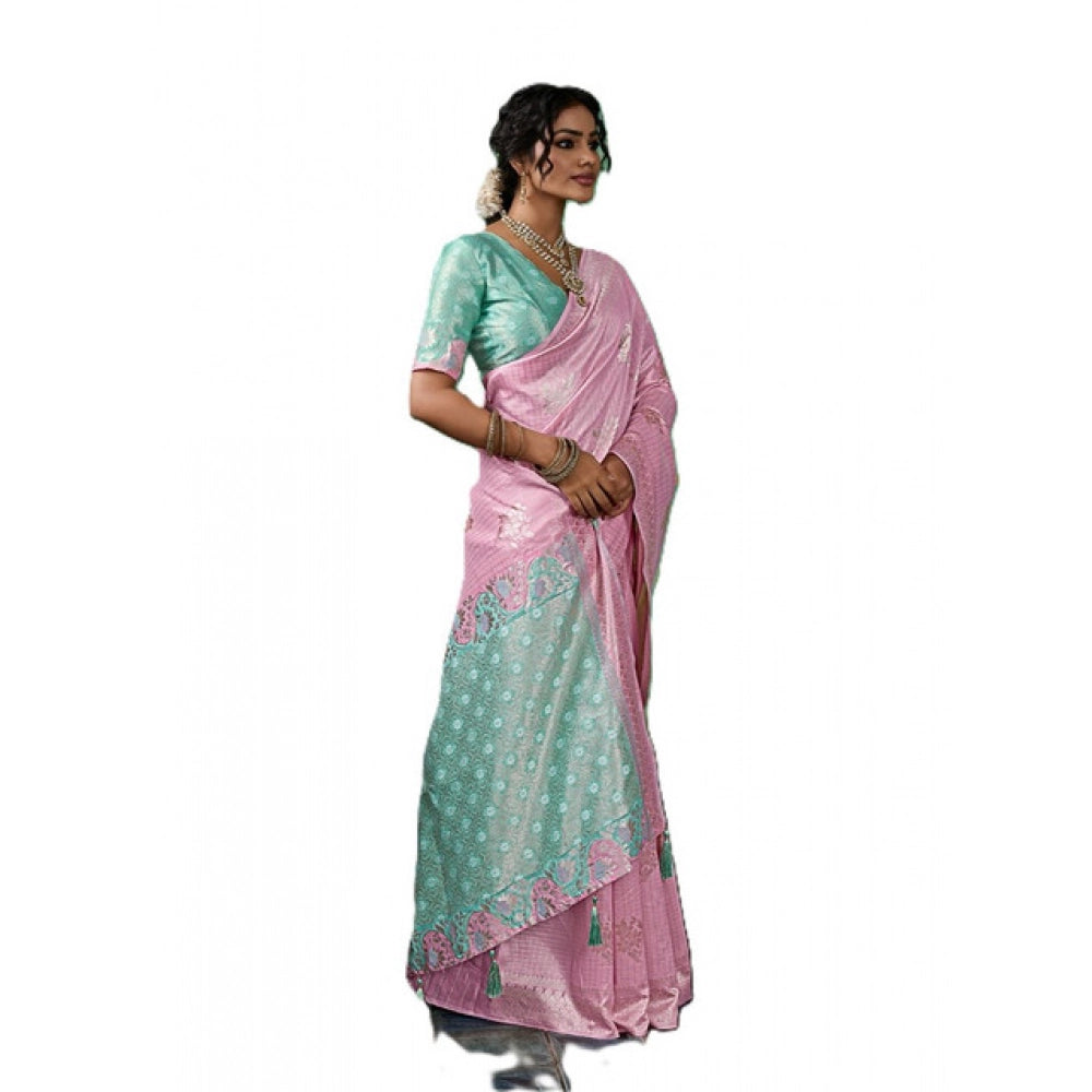Women's Pastel Pink Linen Cotton Printed Saree With Unstitched Blouse – 5.5 Mtr