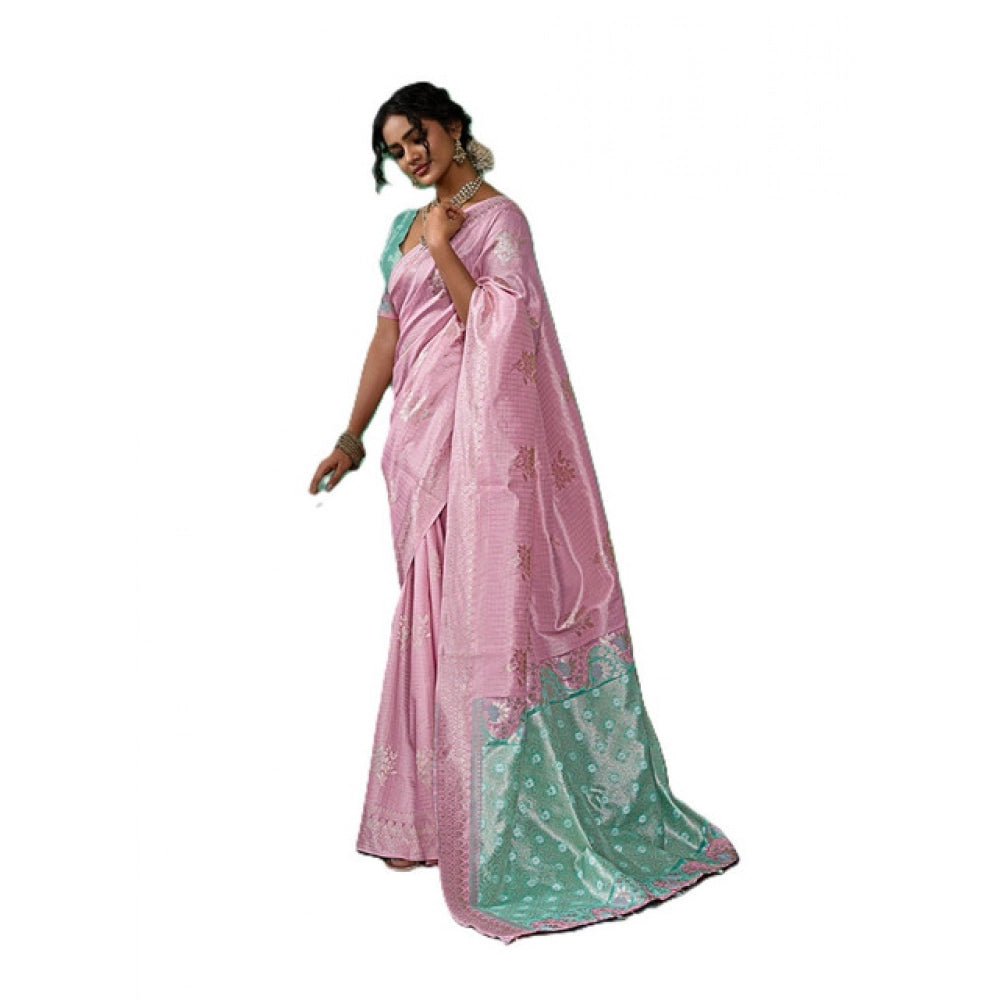 Women's Pastel Pink Linen Cotton Printed Saree With Unstitched Blouse – 5.5 Mtr