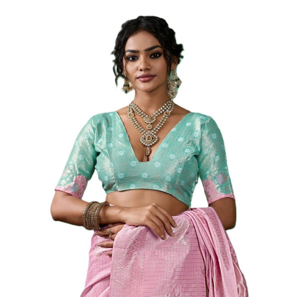 Women's Pastel Pink Linen Cotton Printed Saree With Unstitched Blouse – 5.5 Mtr