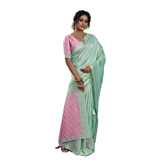 Women's Sea Green Linen Cotton Printed Saree With Unstitched Blouse – 5.5 Mtr