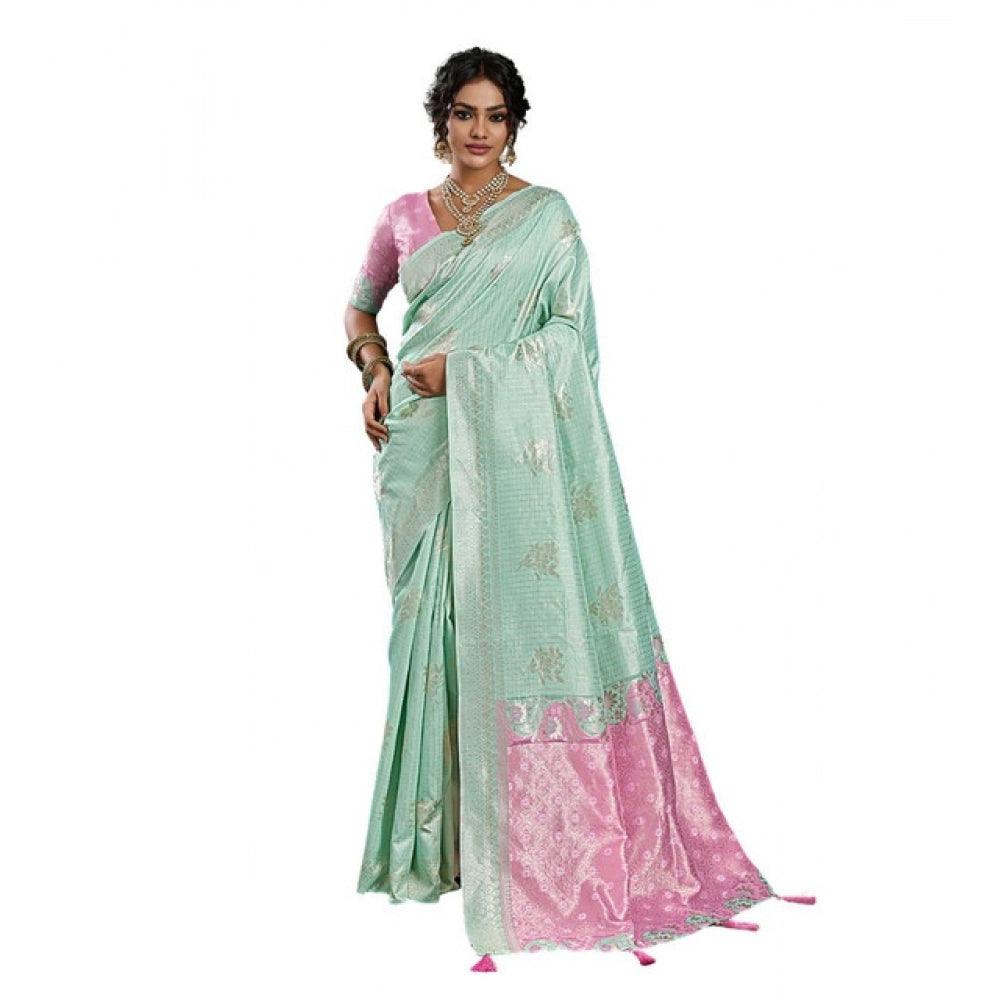 Women's Sea Green Linen Cotton Printed Saree With Unstitched Blouse – 5.5 Mtr