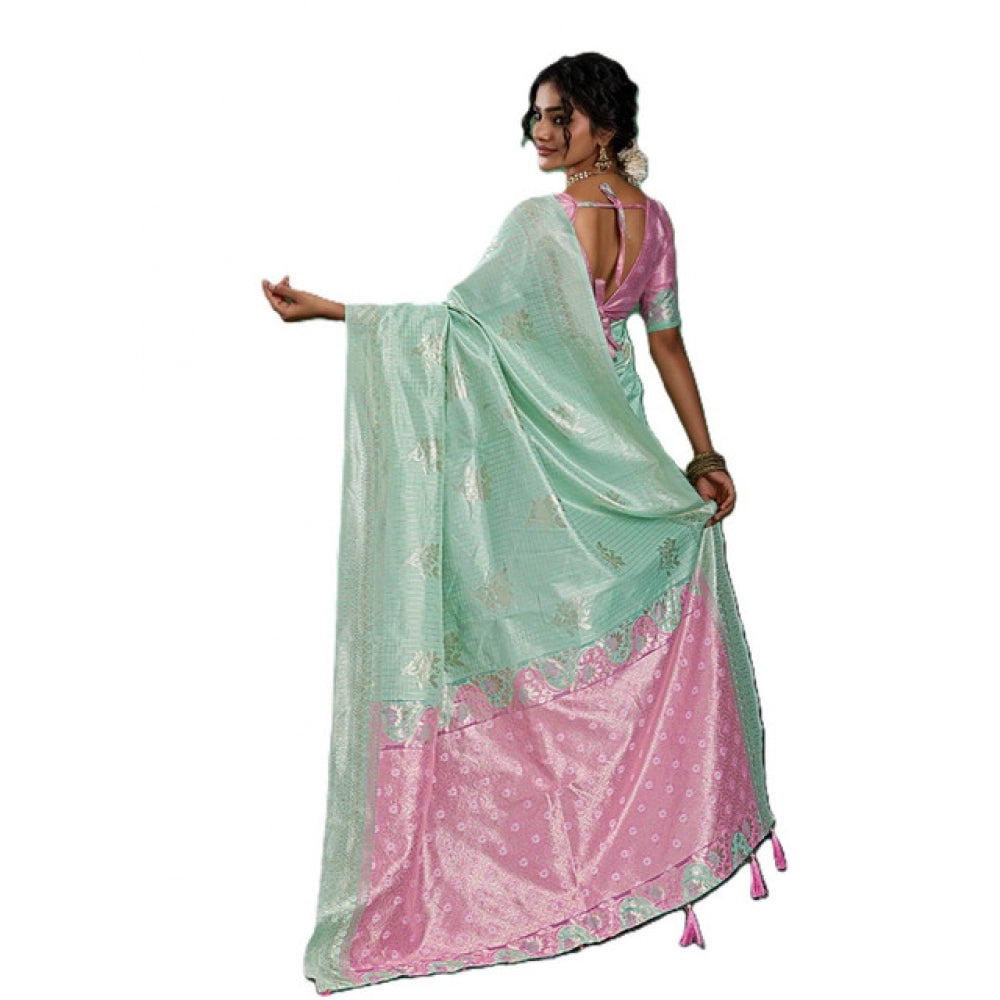 Women's Sea Green Linen Cotton Printed Saree With Unstitched Blouse – 5.5 Mtr