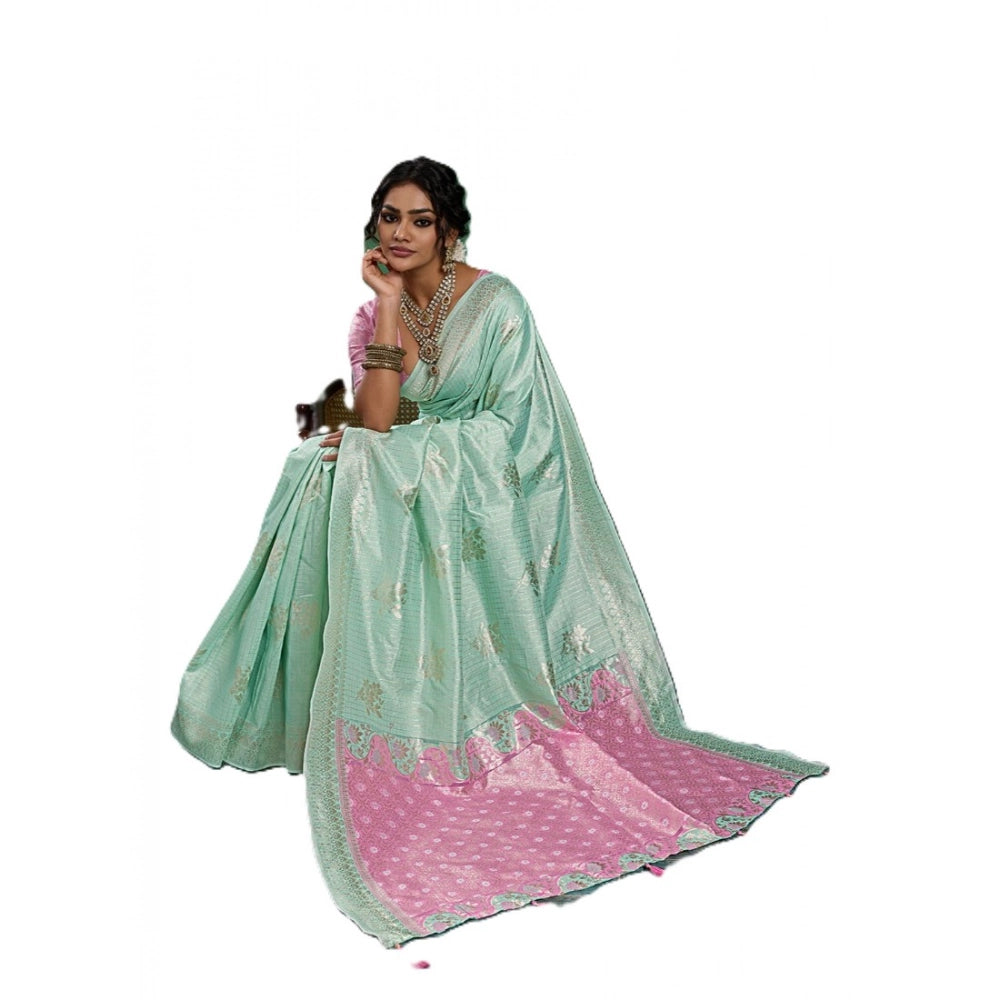 Women's Sea Green Linen Cotton Printed Saree With Unstitched Blouse – 5.5 Mtr