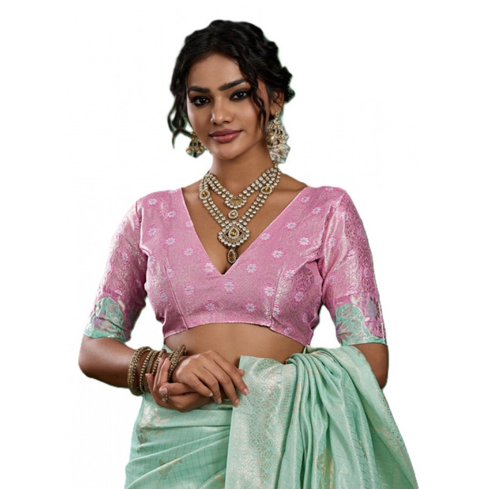 Women's Sea Green Linen Cotton Printed Saree With Unstitched Blouse – 5.5 Mtr
