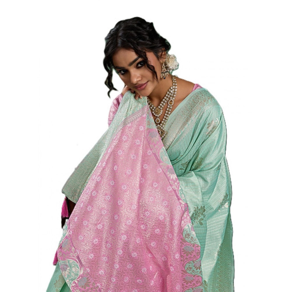 Women's Sea Green Linen Cotton Printed Saree With Unstitched Blouse – 5.5 Mtr