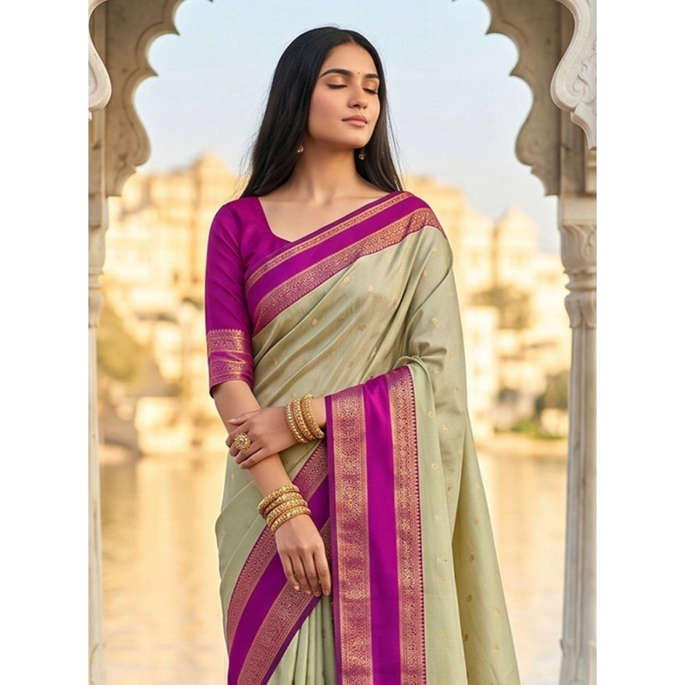 Women's Light Green-Pink Silk Blend Printed Saree with Unstitched Blouse – 5.5 Mtr