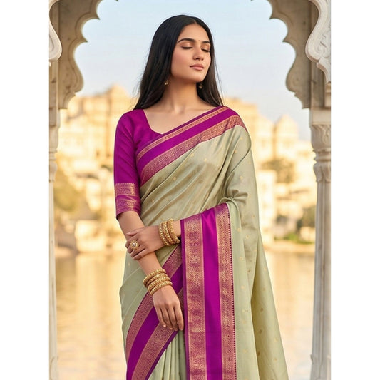 Women's Light Green-Pink Silk Blend Printed Saree with Unstitched Blouse – 5.5 Mtr