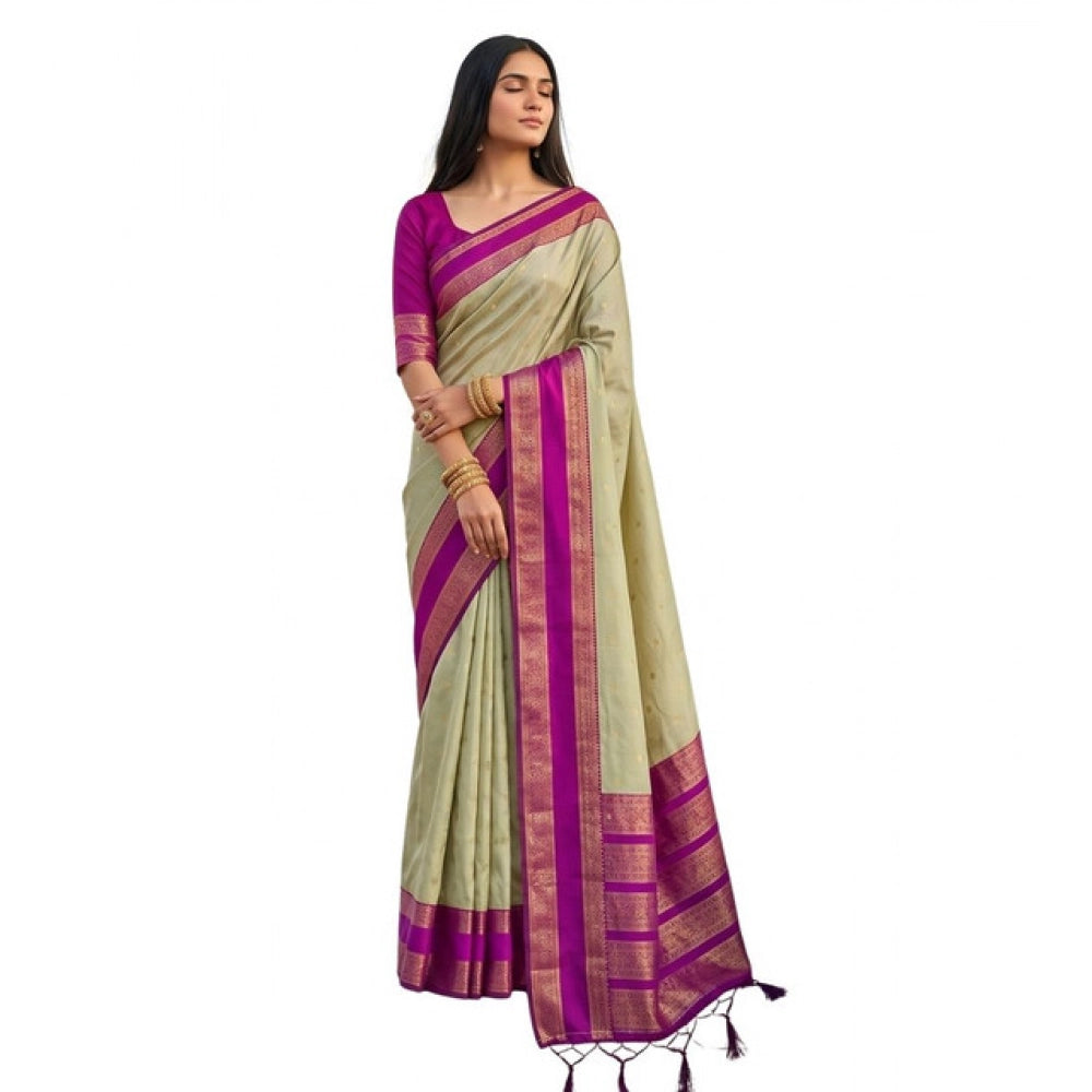 Women's Light Green-Pink Silk Blend Printed Saree with Unstitched Blouse – 5.5 Mtr