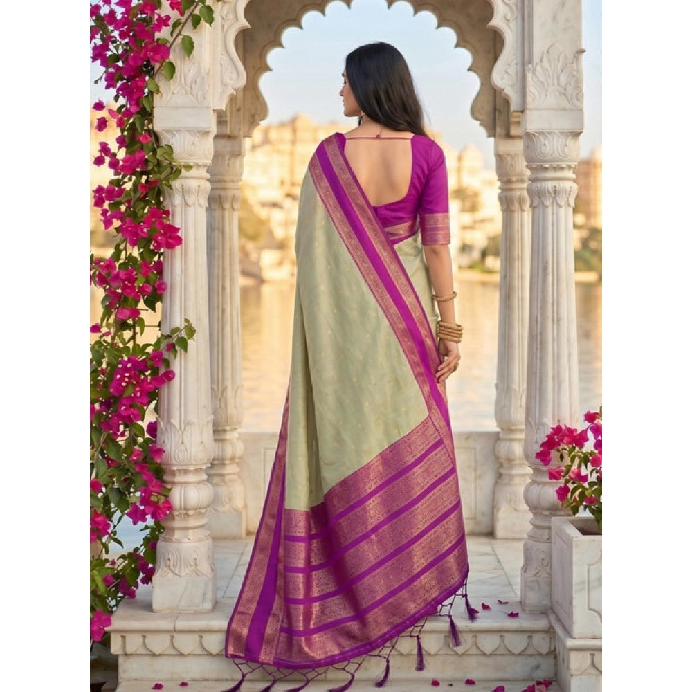 Women's Light Green-Pink Silk Blend Printed Saree with Unstitched Blouse – 5.5 Mtr