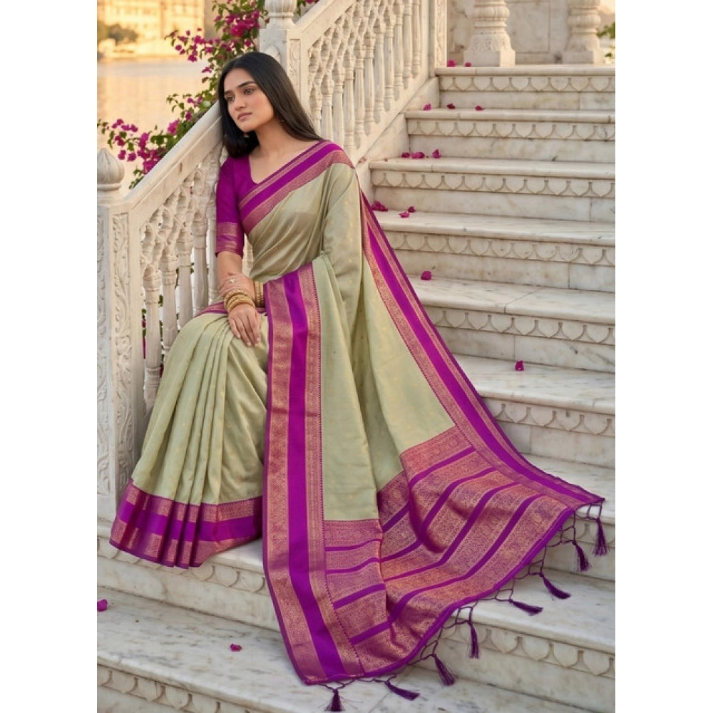 Women's Light Green-Pink Silk Blend Printed Saree with Unstitched Blouse – 5.5 Mtr