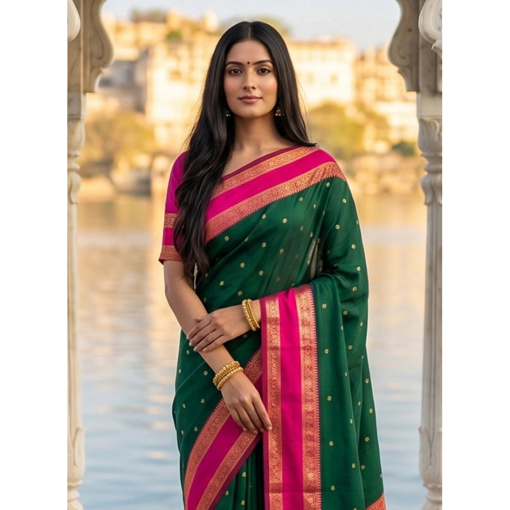 Women's Dark Green-Pink Silk Blend Printed Saree with Unstitched Blouse – 5.5 Mtr