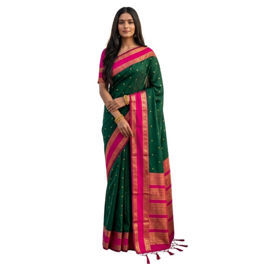 Women's Dark Green-Pink Silk Blend Printed Saree with Unstitched Blouse – 5.5 Mtr