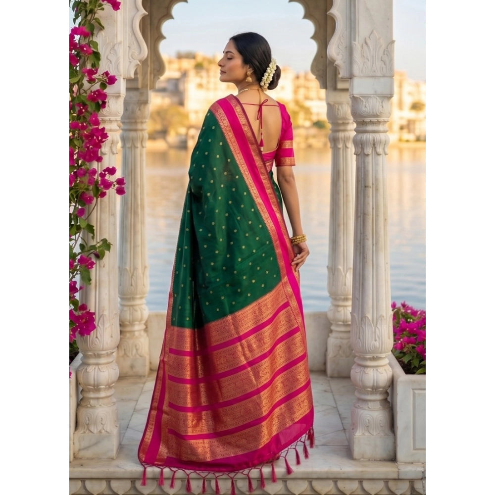 Women's Dark Green-Pink Silk Blend Printed Saree with Unstitched Blouse – 5.5 Mtr