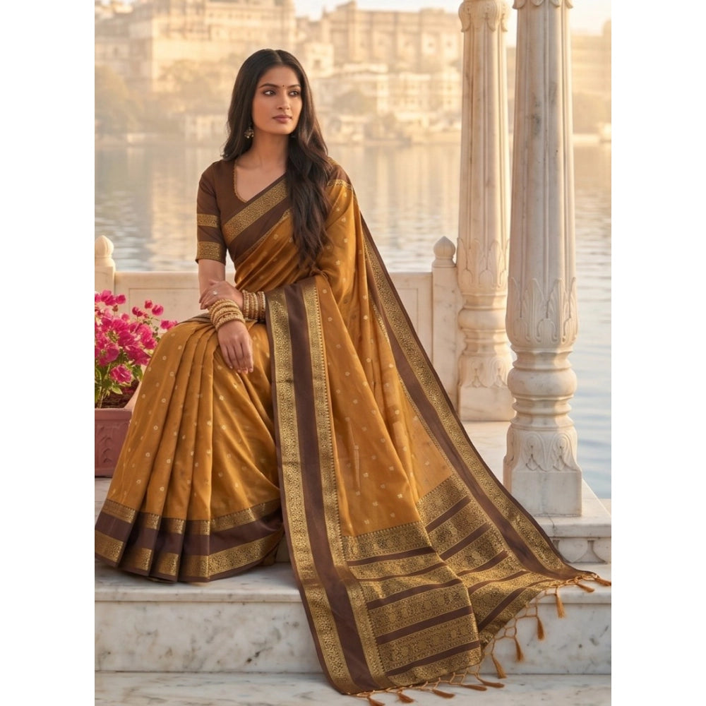 Women's Mustard Brown Silk Blend Printed Saree with Unstitched Blouse – 5.5 Mtr