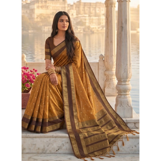 Women's Mustard Brown Silk Blend Printed Saree with Unstitched Blouse – 5.5 Mtr