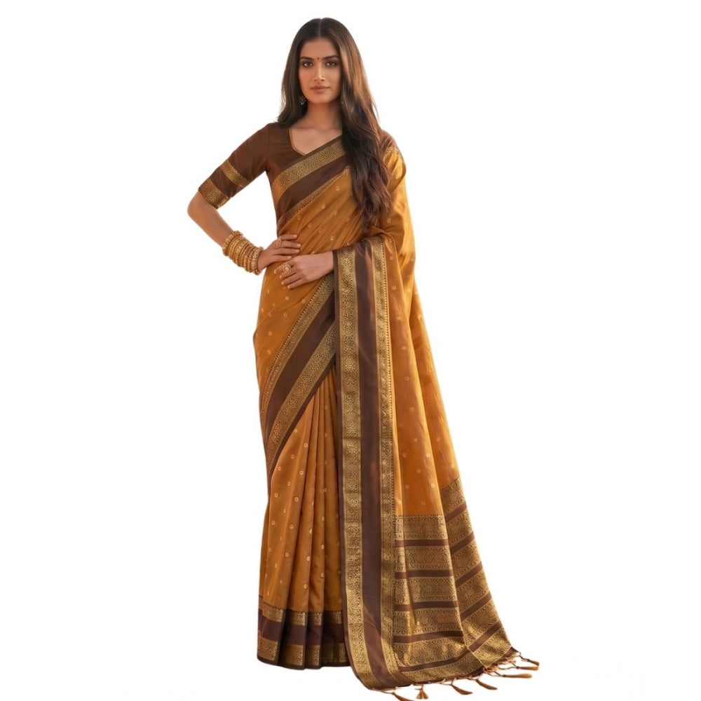Women's Mustard Brown Silk Blend Printed Saree with Unstitched Blouse – 5.5 Mtr